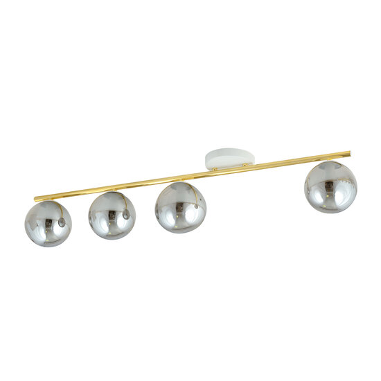 Lange 4x E14-Deckenleuchte in Weiß und Messing mit Kugeln aus Rauchglas
