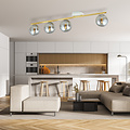 Lange 4x E14 wit en messing plafondlamp met gerookte glazen bollen