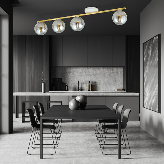 Lange 4x E14 wit en messing plafondlamp met gerookte glazen bollen