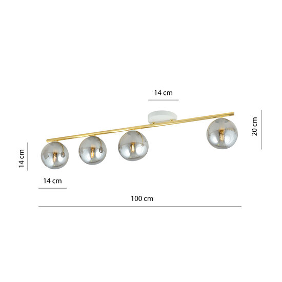 Lange 4x E14 wit en messing plafondlamp met gerookte glazen bollen