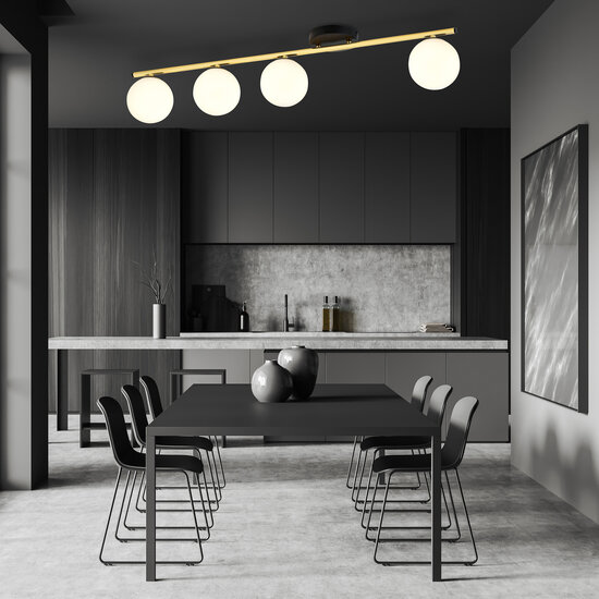 Plafón 4x E14 negro y latón cristal mate bolas blancas