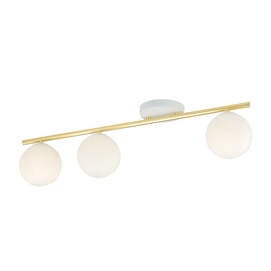 Plafonnier blanc et laiton 3x E14 boules en verre blanc mat