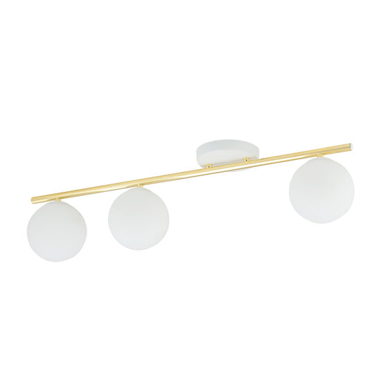 Wit en messing plafondlamp 3x E14 glazen matwitte bollen