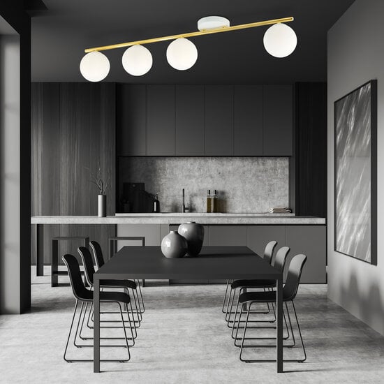 Emibig Lámpara de techo blanca y de latón 4x E14 con bolas de vidrio mate blancas - Solución de iluminación elegante para interiores modernos