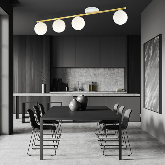 Wit en messing 4x E14 plafondlamp glazen matwitte bollen