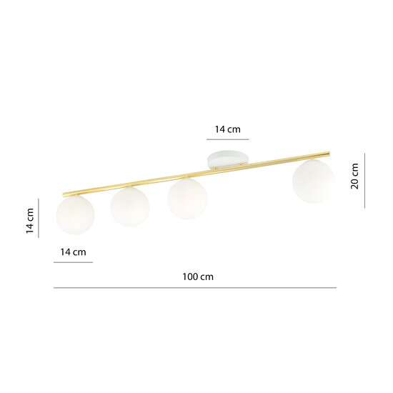 Wit en messing 4x E14 plafondlamp glazen matwitte bollen