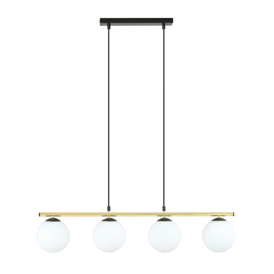 Lange zwart en messing hanglamp 4x E14 melkglas bollen