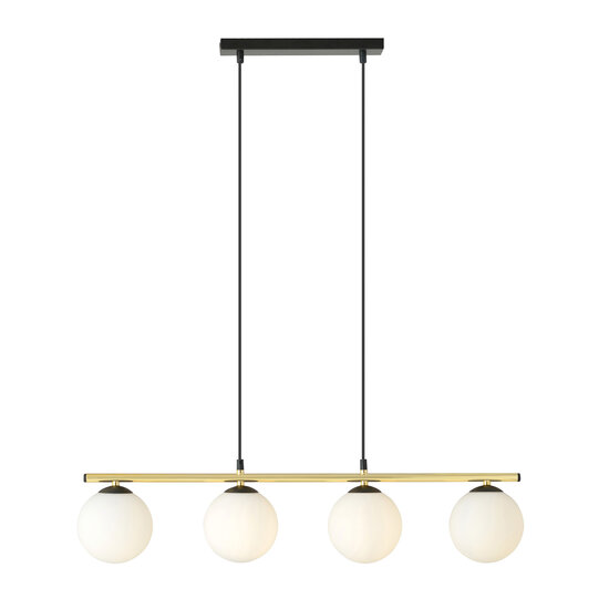 Lange zwart en messing hanglamp 4x E14 melkglas bollen