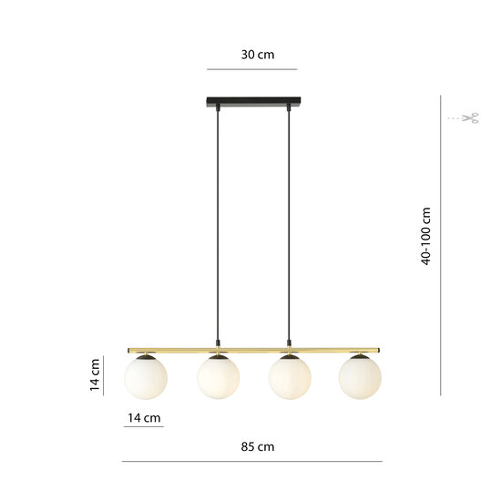 Lange zwart en messing hanglamp 4x E14 melkglas bollen