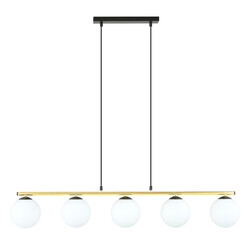 Enormously long black and brass hanging lamp 5x E14 frosted glass bulbs