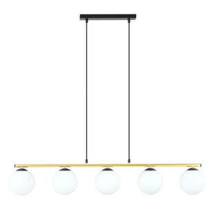 Enormously long black and brass hanging lamp 5x E14 frosted glass bulbs