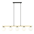 Enormously long black and brass hanging lamp 5x E14 frosted glass bulbs