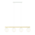 Suspension longue blanche et laiton 4x ampoules verre dépoli E14