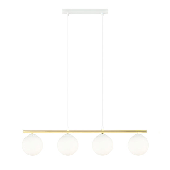 Lange wit en messing hanglamp 4x E14 melkglas bollen