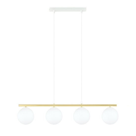 Long white and brass hanging lamp 4x E14 frosted glass bulbs