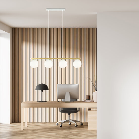 Lange wit en messing hanglamp 4x E14 melkglas bollen
