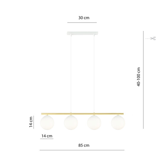 Lange wit en messing hanglamp 4x E14 melkglas bollen