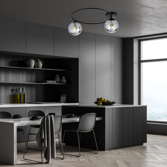 Stijlvolle plafondlamp zwart met gerookt glas bollen 2x E14