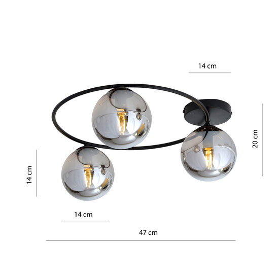Stylish ceiling lamp 3xE14 black with smoked glass bulbs