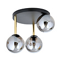 Plafondlamp zwart en messing met gefumeerd glazen bollen 3x E14