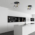 Plafondlamp zwart en messing met gefumeerd glazen bollen 3x E14