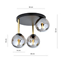 Plafondlamp zwart en messing met gefumeerd glazen bollen 3x E14
