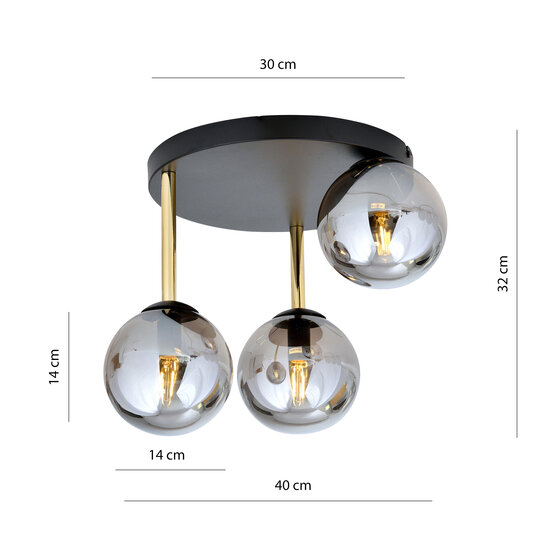 Plafondlamp zwart en messing met gefumeerd glazen bollen 3x E14
