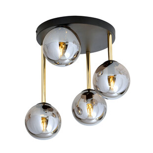 Plafondlamp 4x E14 zwart en messing met gefumeerd glazen bollen