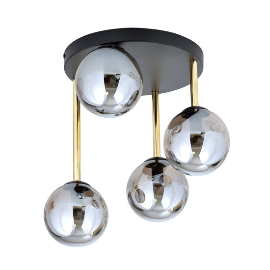 Ceiling lamp 4x E14 black and brass with fumed glass balls