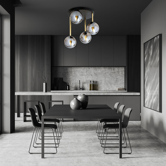 Plafón 4x E14 negro y latón con bolas de cristal ahumado