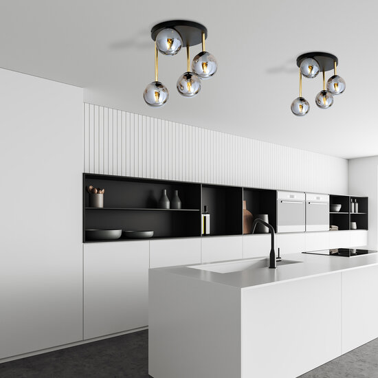 Deckenleuchte 4x E14 Schwarz und Messing mit Rauchglaskugeln