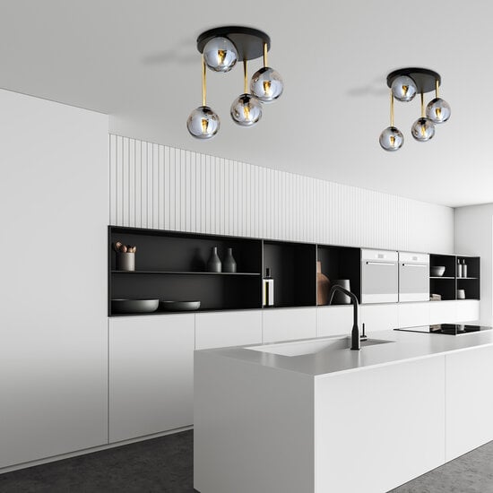 Emibig Emibig Plafondlamp 4x E14 zwart en messing met gefumeerd glazen bollen - Perfecte verlichting voor elke ruimte