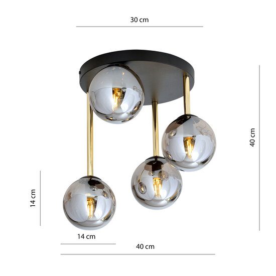 Ceiling lamp 4x E14 black and brass with fumed glass balls