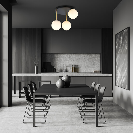 Plafonnier tendance 3x E14 verre laiteux abat-jour noir et laiton