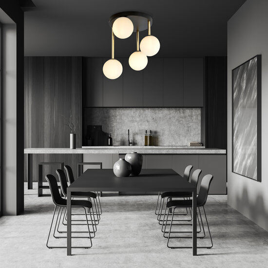 Trendy zwarte plafondlamp 4x E14 melkglas en messing tinten