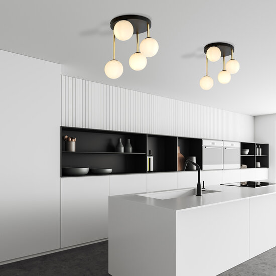 Emibig Emibig Plafonnier noir tendance 4x E14 verre dépoli et abat-jours en laiton - Idéal pour un intérieur élégant