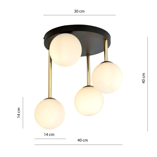 Trendy zwarte plafondlamp 4x E14 melkglas en messing tinten