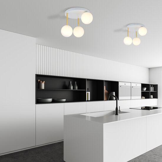 Elegant white with brass ceiling lighting 3x E14 with white glass bulbs