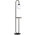 Black standing lamp and side table with milky white glass ball