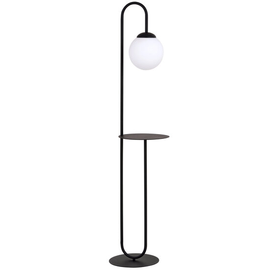 Black standing lamp and side table with milky white glass ball