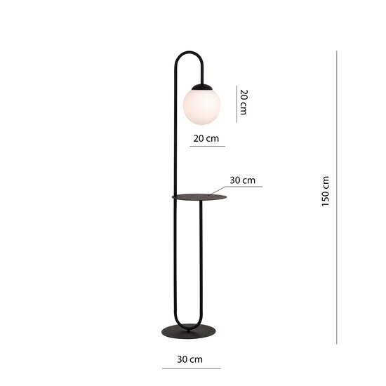 Lampe sur pied et table d'appoint noire avec boule en verre blanc laiteux