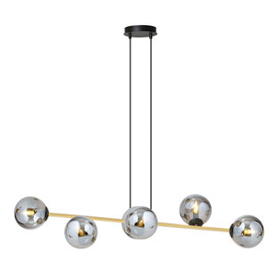 Hanging lamp black and brass with 6 fumed glass balls