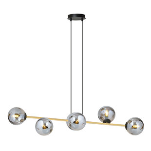 Hanglamp zwart en messing met 6 gefumeerde glazen bollen