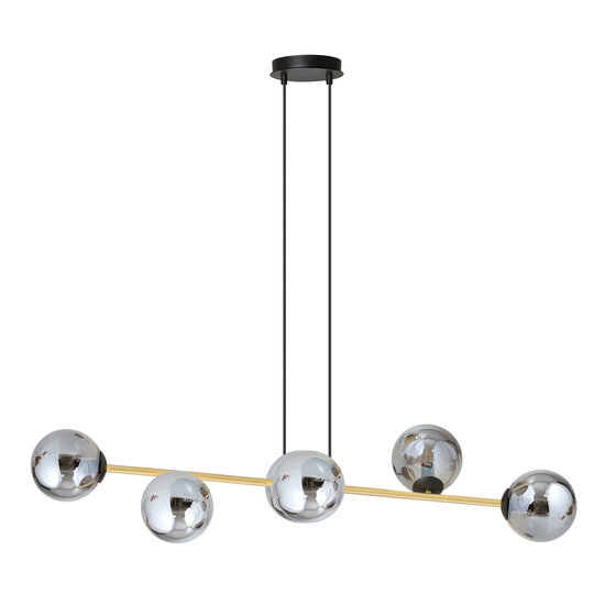 Hanging lamp black and brass with 6 fumed glass balls