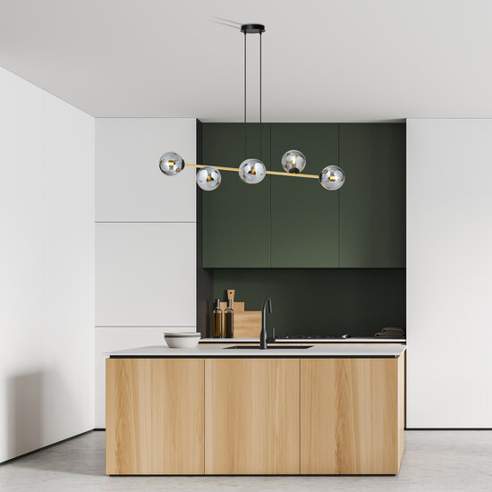 Hanglamp zwart en messing met 6 gefumeerde glazen bollen