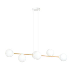 Hanging lamp brass and white with 6 matt white glass balls