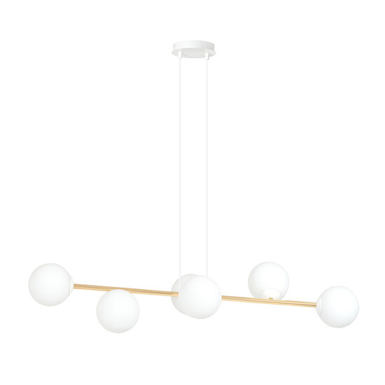Hanglamp messing en wit met 6 mat witte glazen bollen