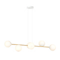 Hanglamp messing en wit met 6 mat witte glazen bollen