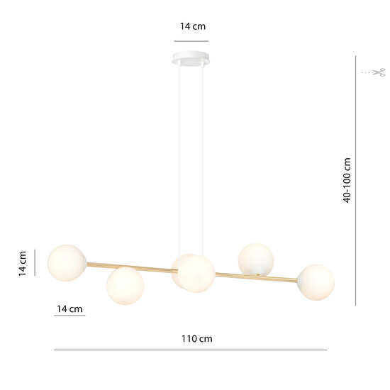 Suspension laiton et blanc avec 6 boules en verre blanc mat