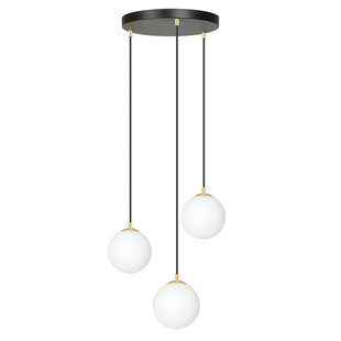 3 bulb hanging lamp black with brass and white glass